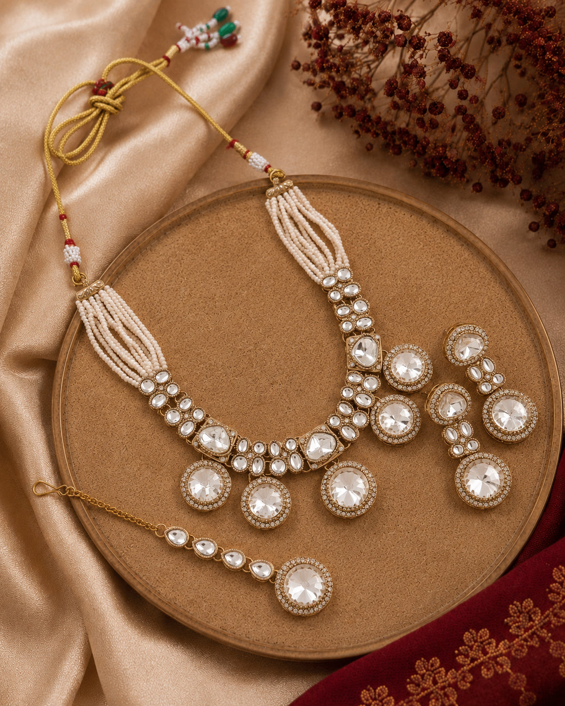 Silver Ishya Premium Polki Dupe Necklace with Earring and Mangteeka