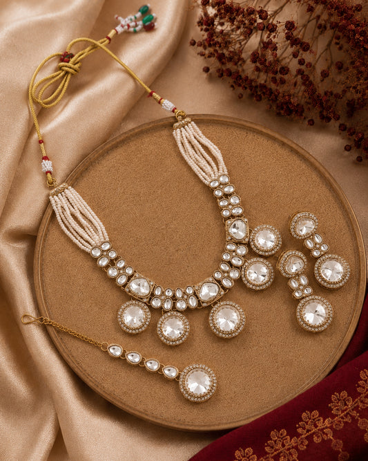 Silver Ishya Premium Polki Dupe Necklace with Earring and Mangteeka