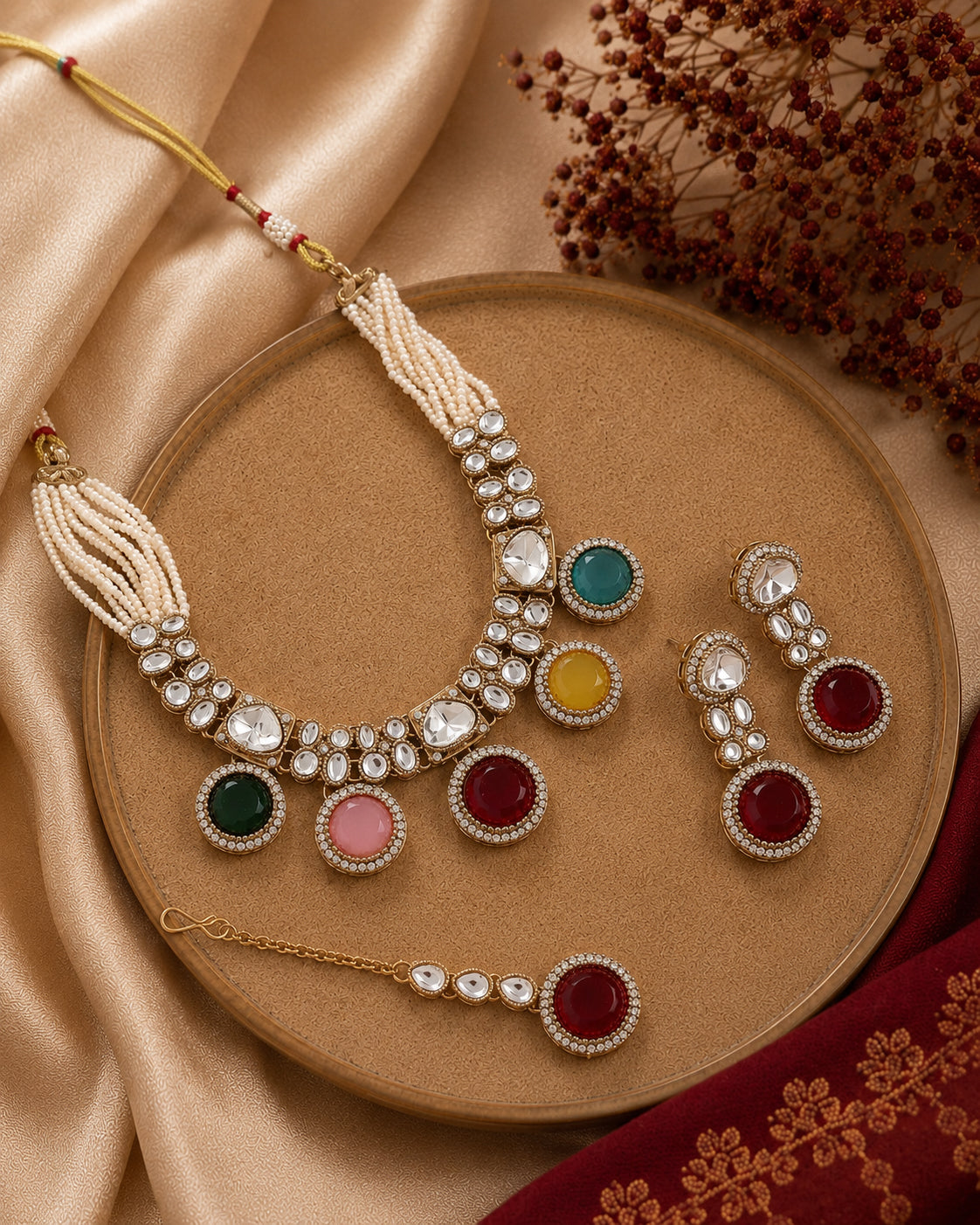 Multi Ishya Premium Polki Dupe Necklace with Earring and Mangteeka