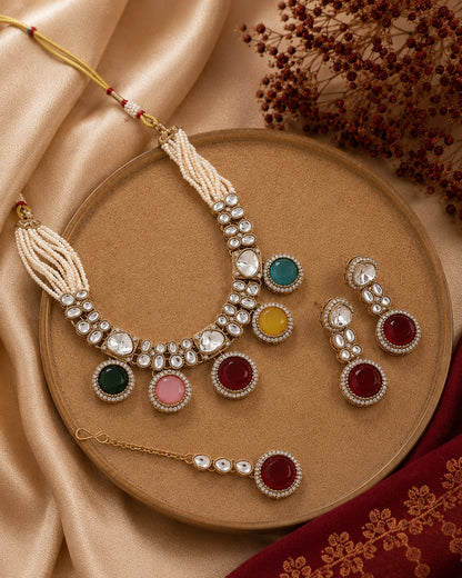 Multi Ishya Premium Polki Dupe Necklace with Earring and Mangteeka