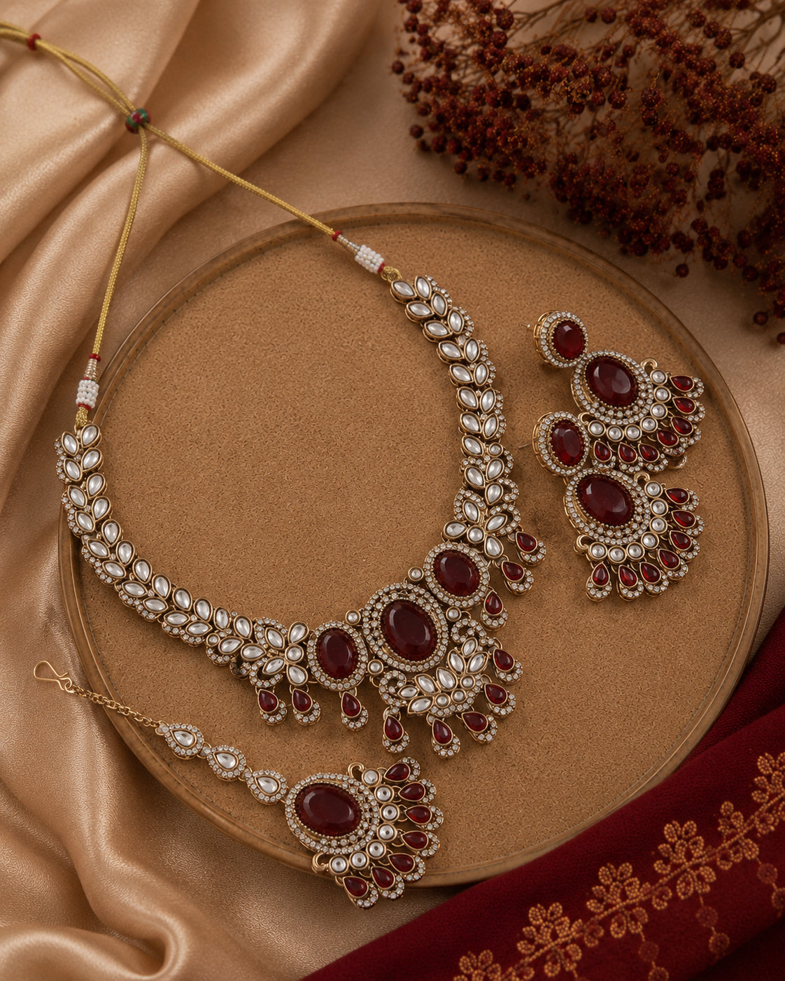 Ruby Yuvrani Premium Polki Dupe Necklace with Earring and Mangteeka