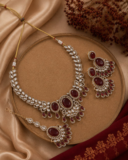 Ruby Yuvrani Premium Polki Dupe Necklace with Earring and Mangteeka
