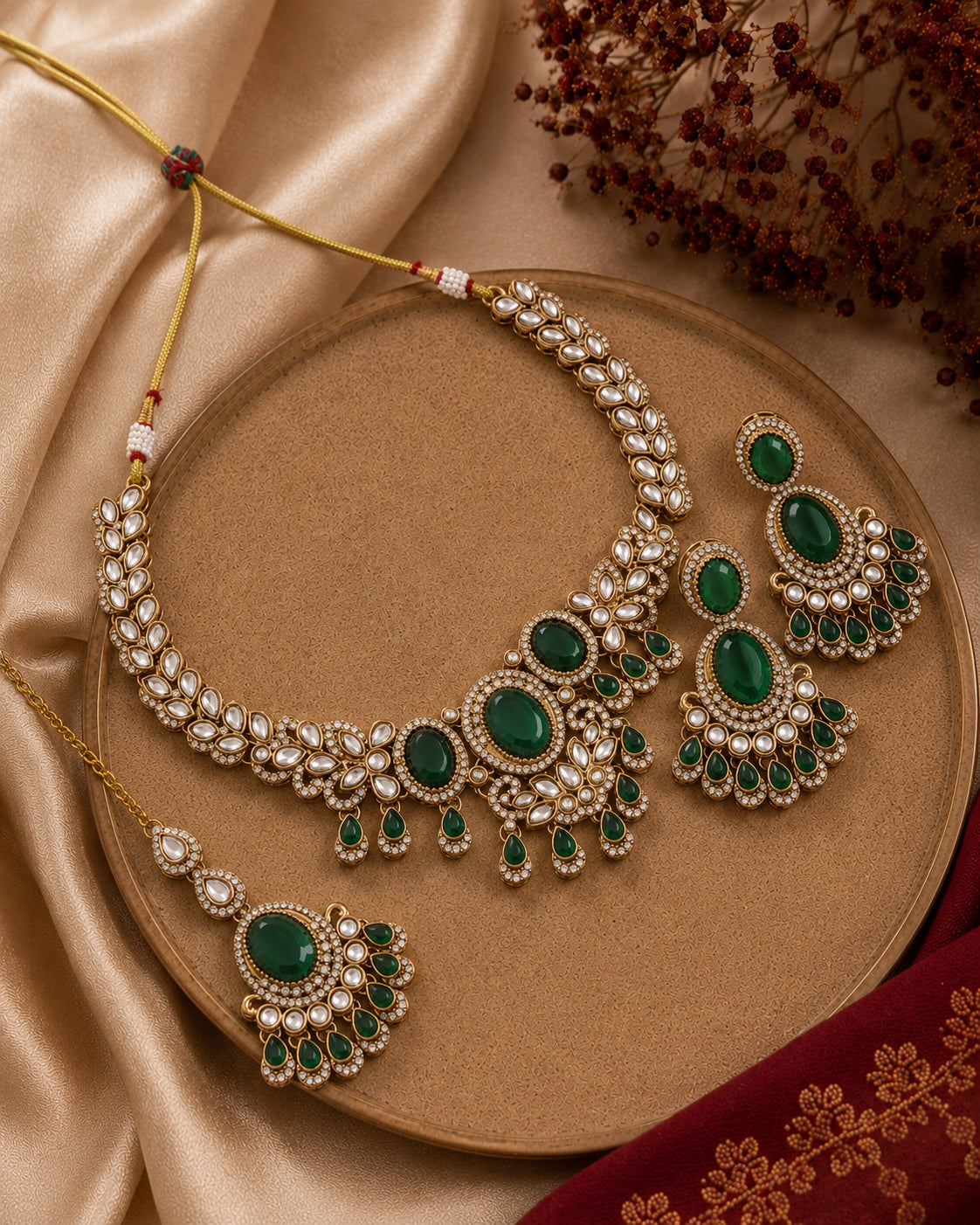 Emerald Yuvrani Premium Polki Dupe Necklace with Earring and Mangteeka