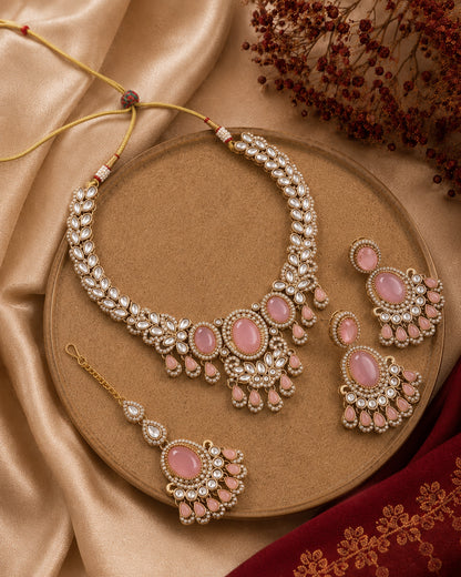 Blush Yuvrani Premium Polki Dupe Necklace with Earring and Mangteeka