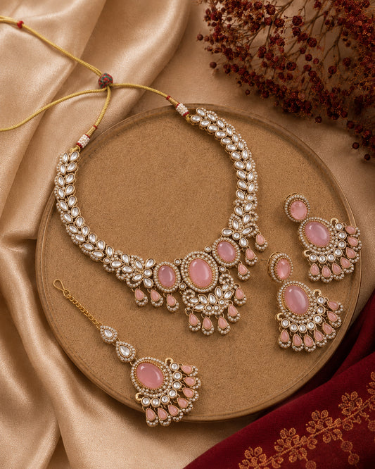 Blush Yuvrani Premium Polki Dupe Necklace with Earring and Mangteeka