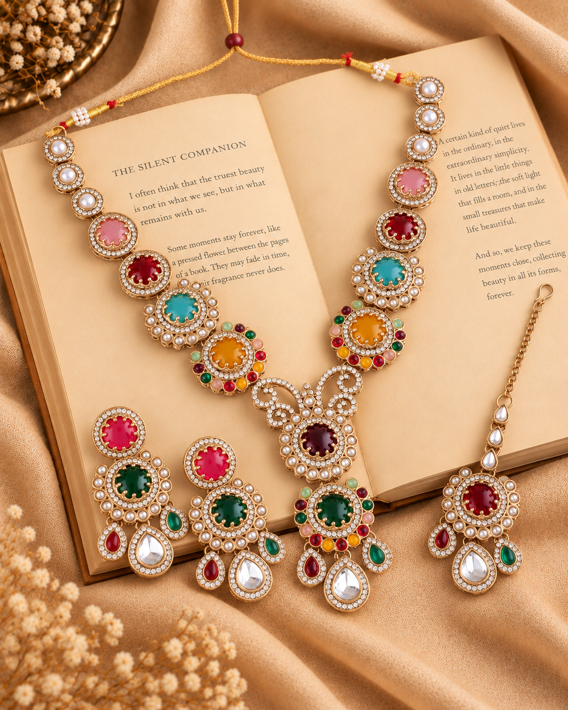 Multi Suvarnika Premium Sabya Inspired Necklace Set with Earring & Teeka