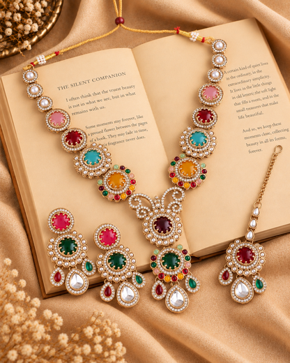 Multi Suvarnika Premium Sabya Inspired Necklace Set with Earring & Teeka