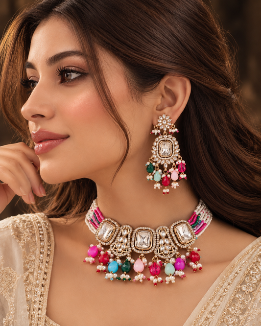 Multi Vrishtika Premium Polki Dupe Choker Necklace With Earring & Teeka