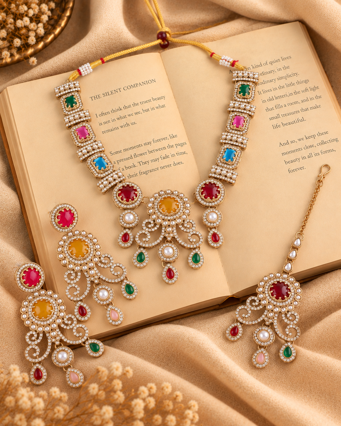 Multi Kanaklata Premium Sabya Inspired Necklace Set with Earring & Teeka