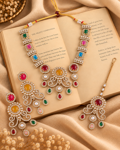 Multi Kanaklata Premium Sabya Inspired Necklace Set with Earring & Teeka