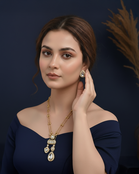 Kabir Polki Dupe Pendant Style Long Necklace Set with Earring