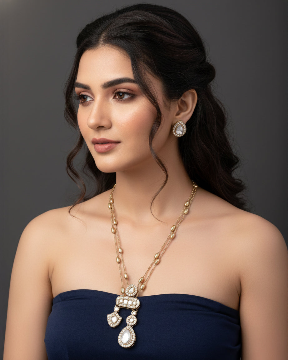 Kabir Polki Dupe Pendant Style Long Necklace Set with Earring