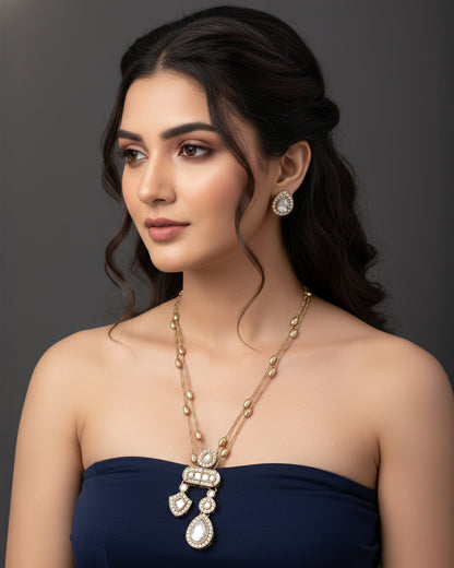 Kabir Polki Dupe Pendant Style Long Necklace Set with Earring