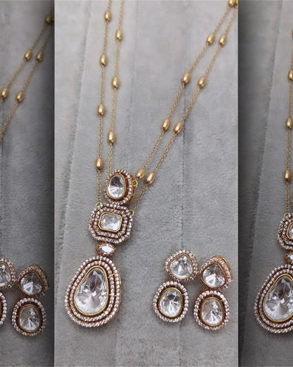 Pre Order : Kayrav Polki Dupe Pendant Style Long Necklace Set with Earring
