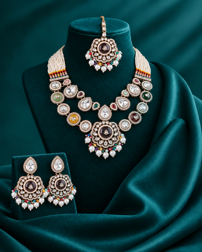 Multi Aaralika Premium Sabya Inspired Monalisa Necklace Set with Earring & Teeka