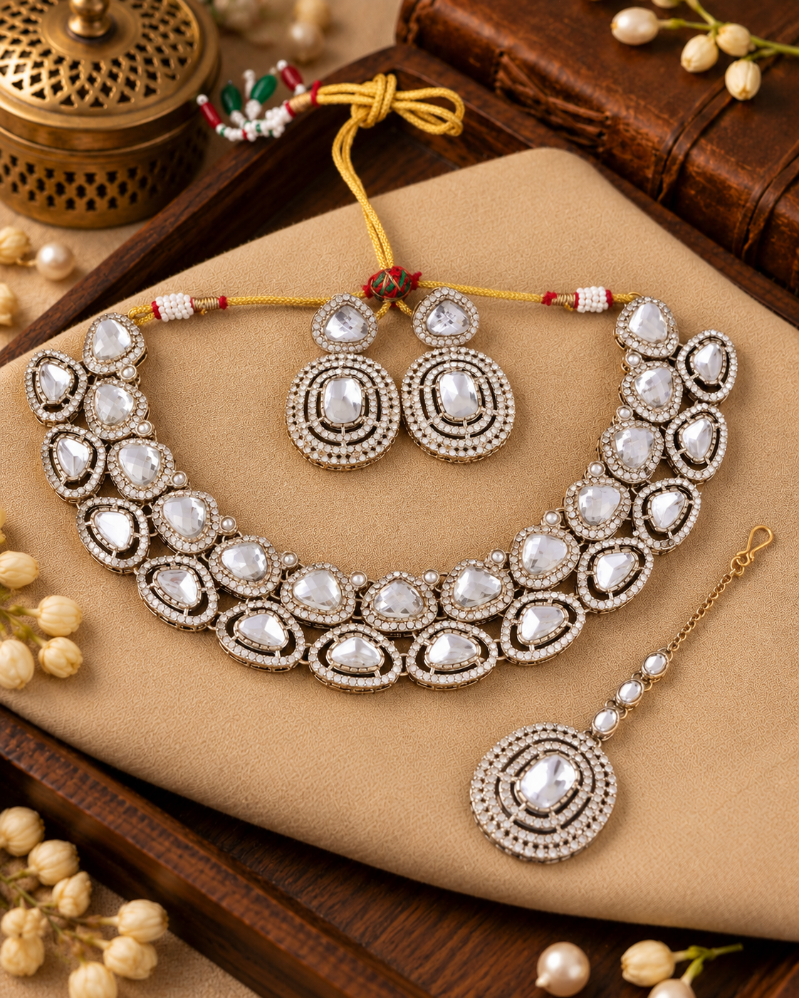 White Rajnivanshi Premium Polki Dupe Necklace with Earring and Teeka