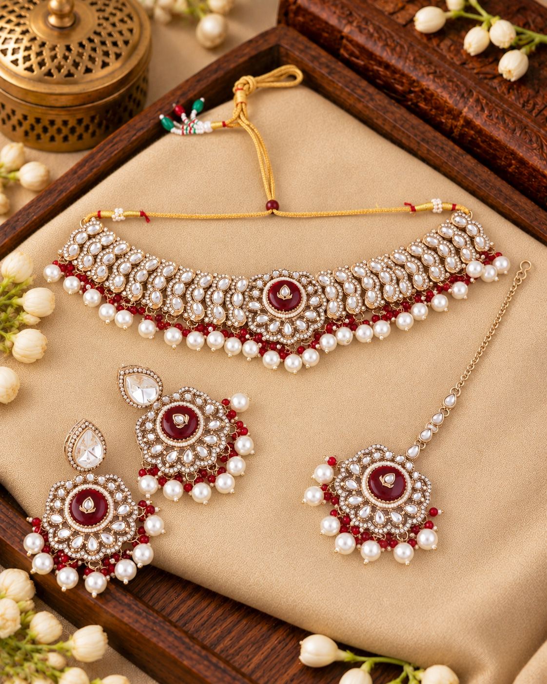 Maroon Saadika Premium Sabya Inspired Monalisa Necklace Set with Earring & Teeka
