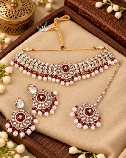 Maroon Saadika Premium Sabya Inspired Monalisa Necklace Set with Earring & Teeka