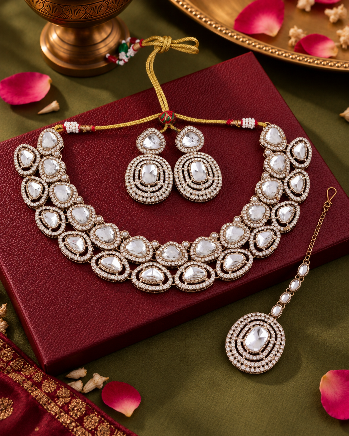 White Rajnivanshi Premium Polki Dupe Necklace with Earring and Teeka