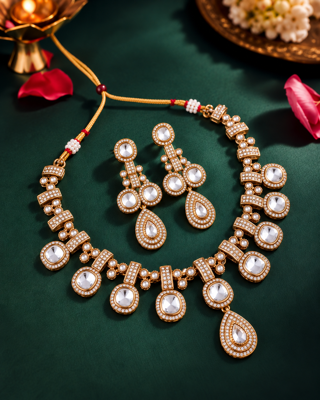 White Kashvika Polki Dupe Necklace Set with Earring and Teeka