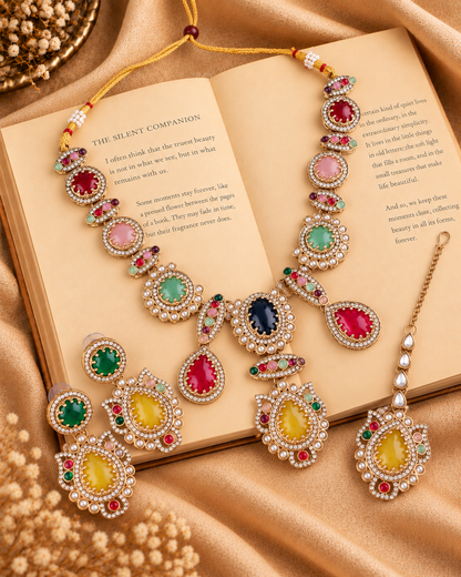 Multi Ratnavali Premium Sabya Inspired Necklace Set with Earring & Teeka
