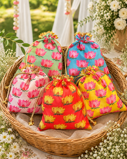 Pack of 5 Lotus Print Potli Bags | Random Colour