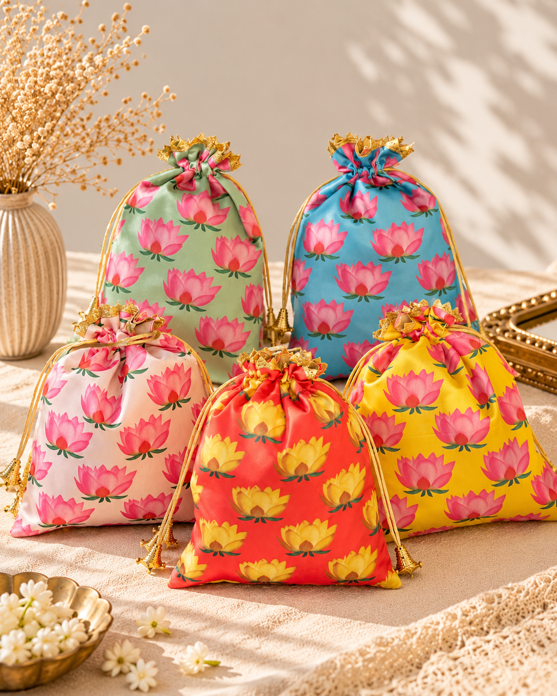 Pack of 5 Lotus Print Potli Bags | Random Colour