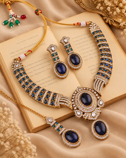 Blue Saumili Premium Sabya Inspired Necklace Set with Earring & Teeka