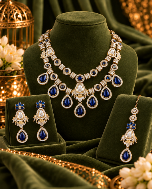 Blue Amrita Premium Sabya Inspired Necklace Set with Earring & Teeka
