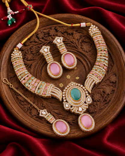 Pastel Saumili Premium Sabya Inspired Necklace Set with Earring & Teeka