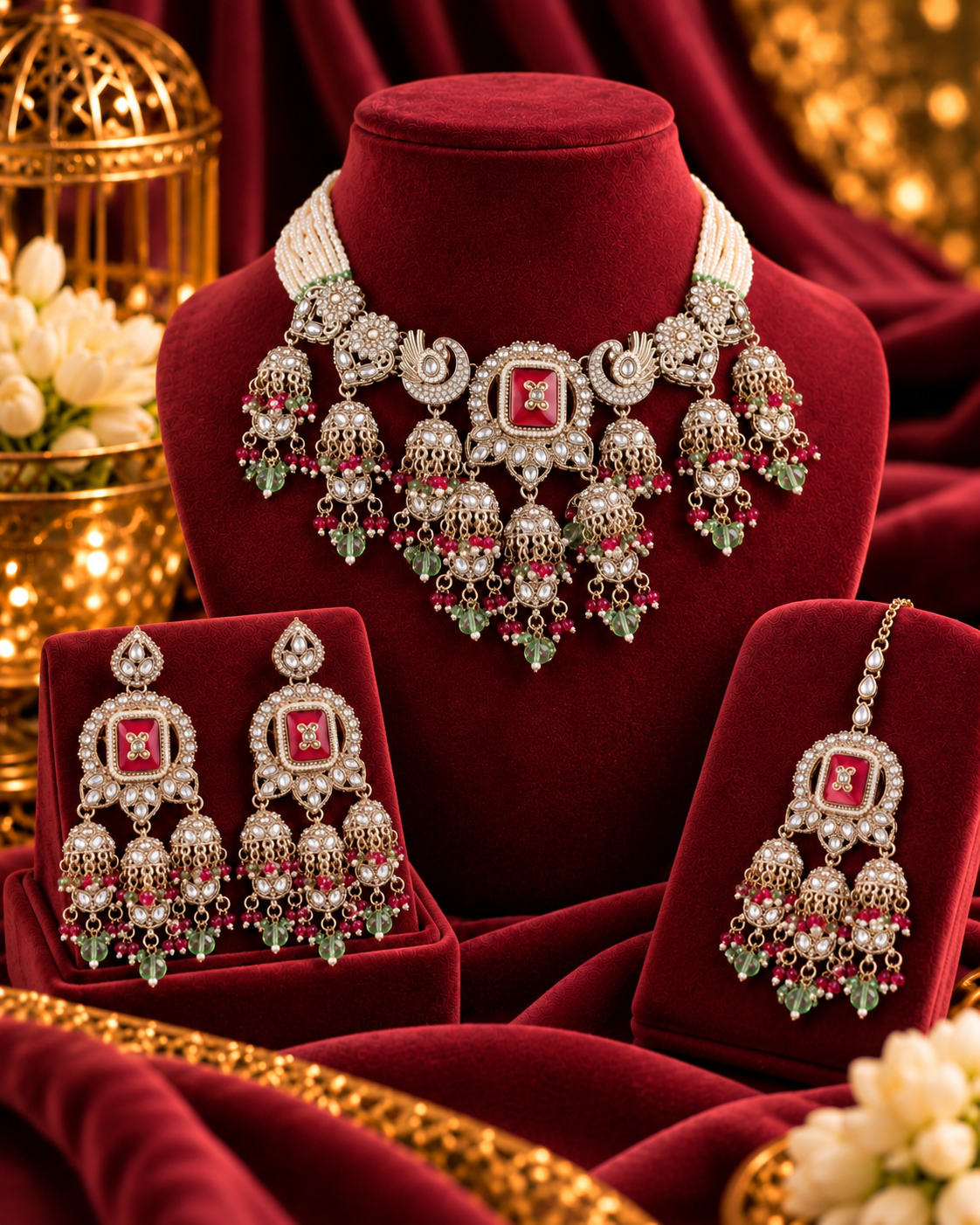 Ruby Mint Ruhisha Premium Sabya Inspired Monalisa Necklace Set with Earring & Teeka
