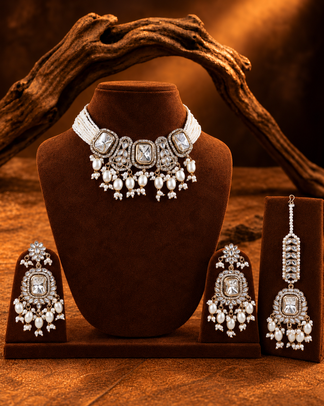 Pearl Vrishtika Premium Polki Dupe Choker Necklace With Earring & Teeka