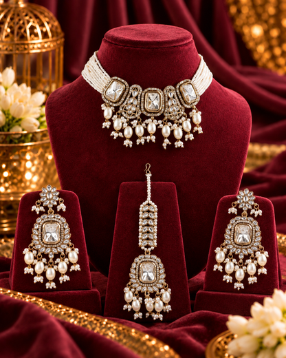 Pearl Vrishtika Premium Polki Dupe Choker Necklace With Earring & Teeka