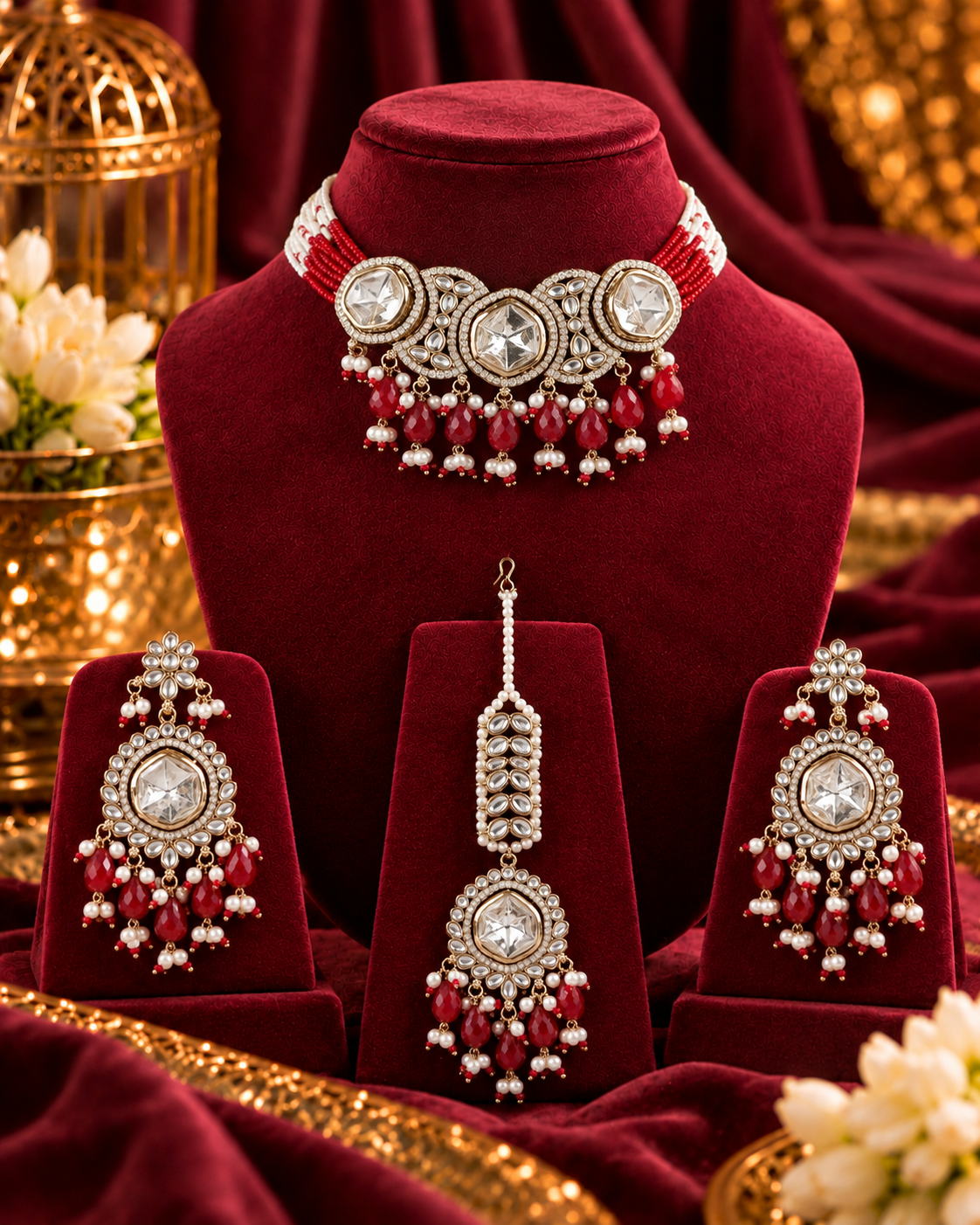 Red Aaradhika Premium Polki Dupe Choker Necklace With Earring & Teeka