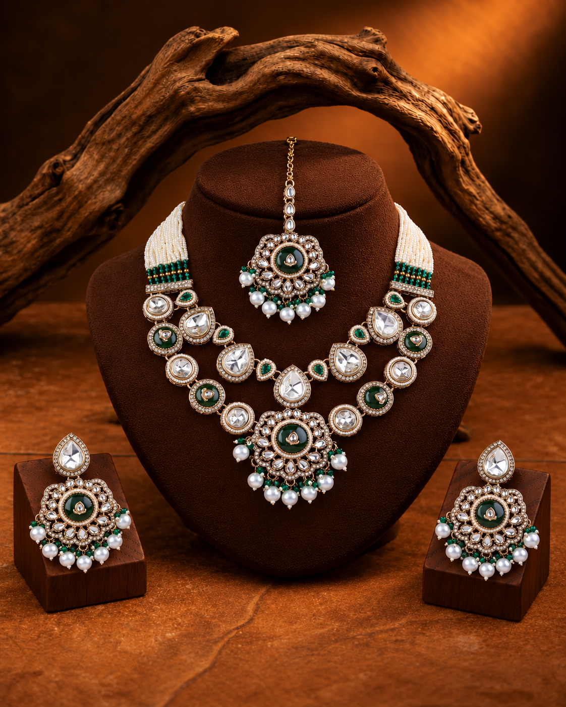 Green Aaralika Premium Sabya Inspired Monalisa Necklace Set with Earring & Teeka