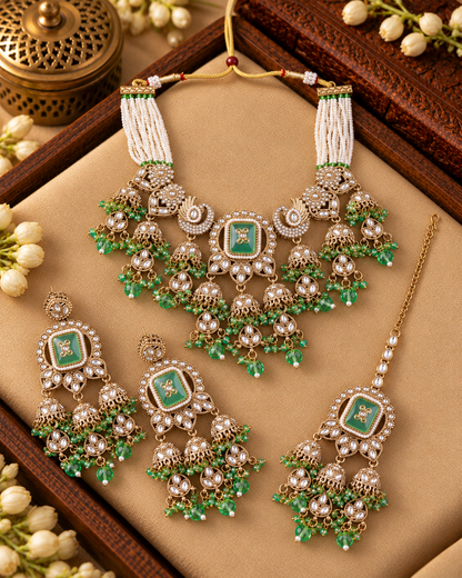 Mint Ruhisha Premium Sabya Inspired Monalisa Necklace Set with Earring & Teeka