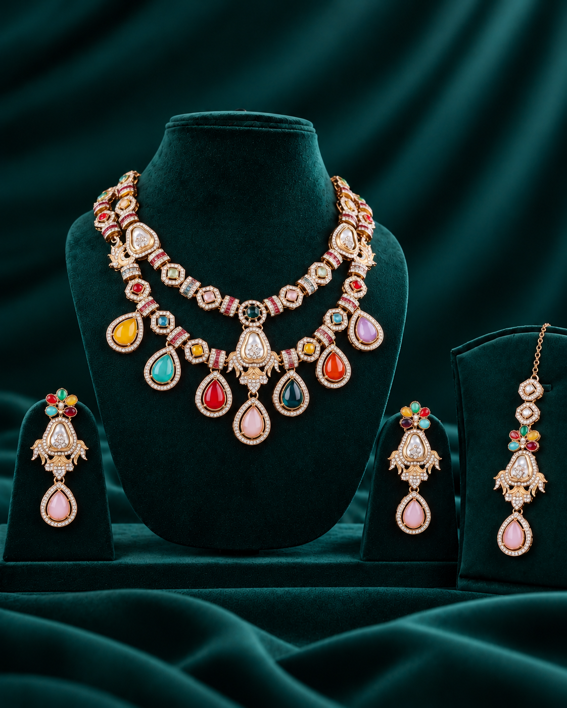 Blush Multi Amrita Premium Sabya Inspired Necklace Set with Earring & Teeka