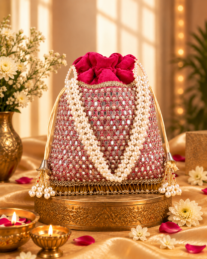 Pink Aarshita Ethnic Mirror Pearl Batua Bag