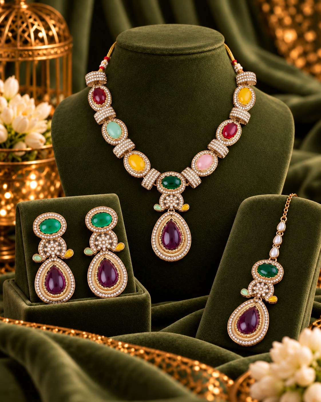 Multi Aroshika Premium Sabya Inspired Necklace Set with Earring & Teeka