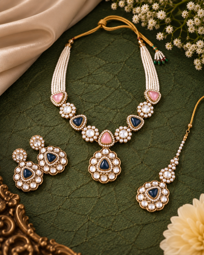Blue Blush Jasneet Premium Zircone Polki Dupe Necklace Set With Earrings & Teeka