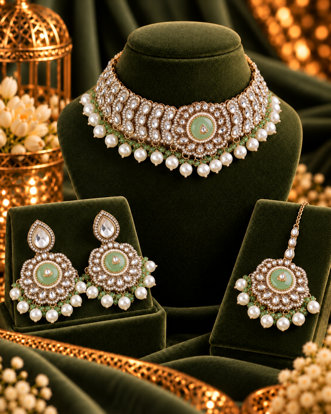 Mint Saadika Premium Sabya Inspired Monalisa Necklace Set with Earring & Teeka