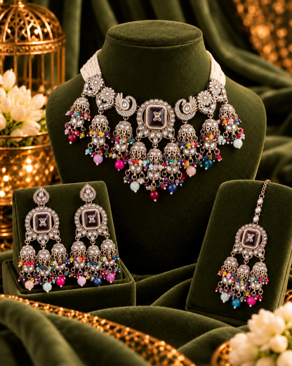 Multi Ruhisha Premium Sabya Inspired Monalisa Necklace Set with Earring & Teeka