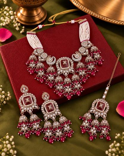 Pink Ruhisha Premium Sabya Inspired Monalisa Necklace Set with Earring & Teeka