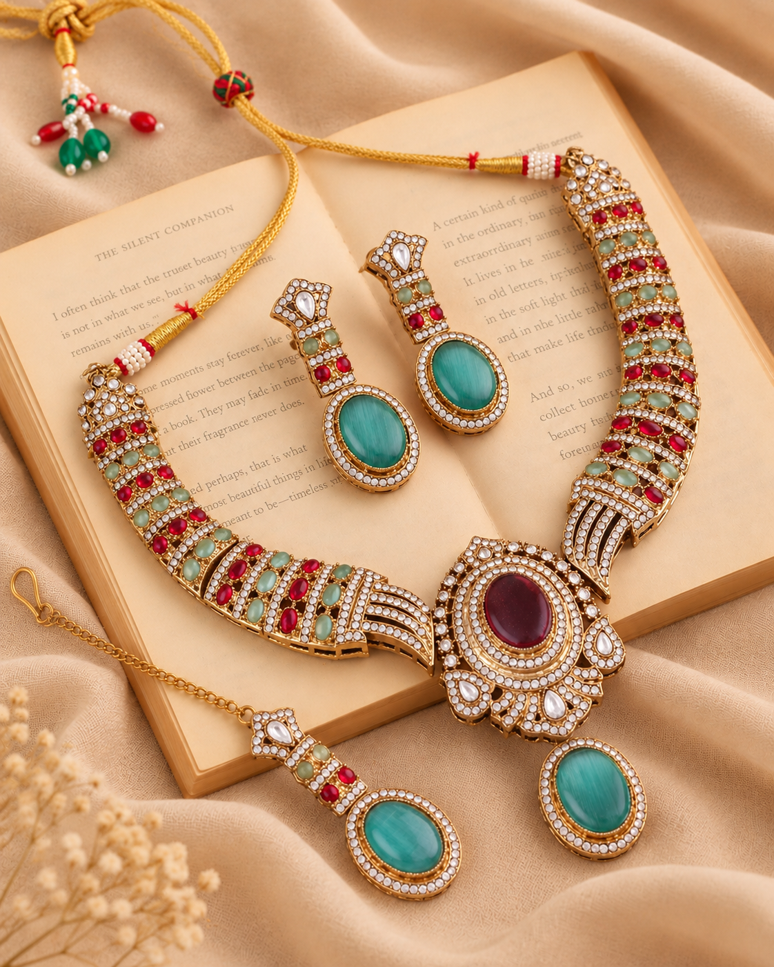 Ruby Mint Saumili Premium Sabya Inspired Necklace Set with Earring & Teeka