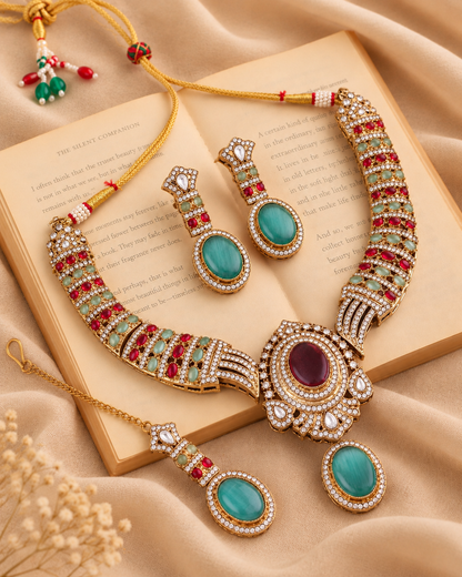 Ruby Mint Saumili Premium Sabya Inspired Necklace Set with Earring & Teeka