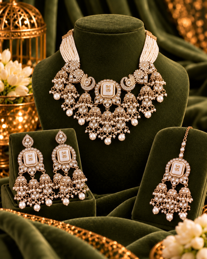 Ivory Ruhisha Premium Sabya Inspired Monalisa Necklace Set with Earring & Teeka