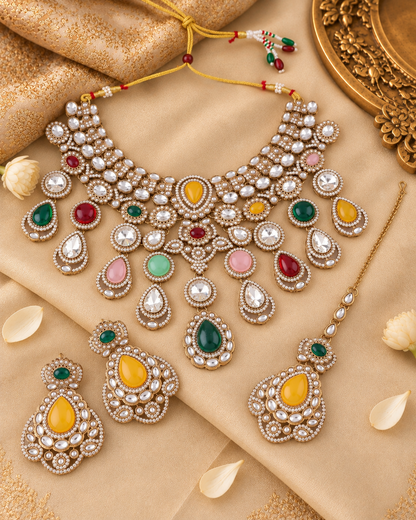 Multi Nimishu Premium Polki Dupe Necklace Set with Earring & Mangteeka