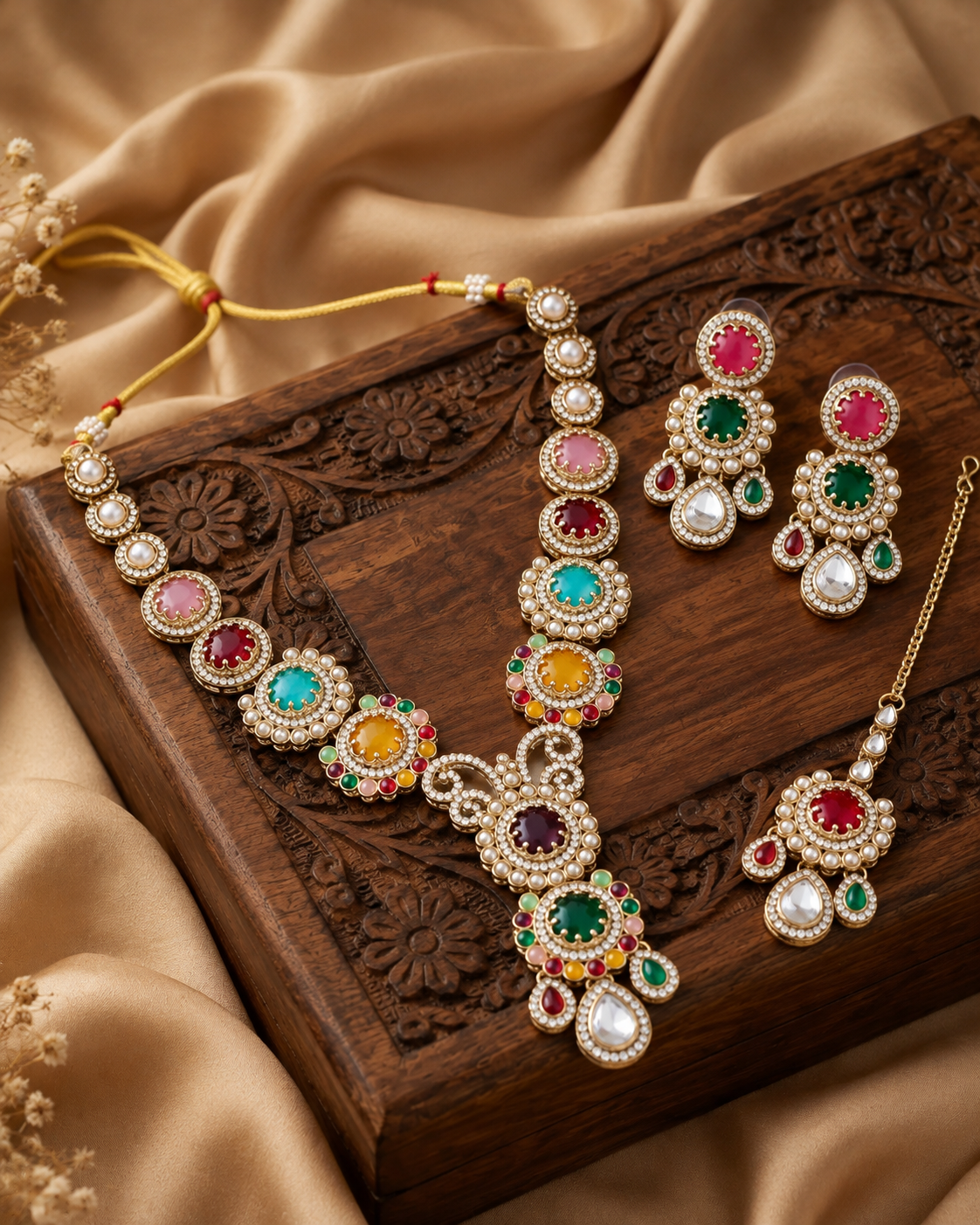 Multi Suvarnika Premium Sabya Inspired Necklace Set with Earring & Teeka