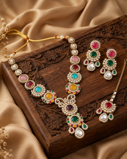 Multi Suvarnika Premium Sabya Inspired Necklace Set with Earring & Teeka