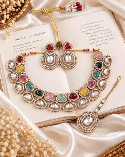 Multi Rajnivanshi Premium Polki Dupe Necklace with Earring and Teeka